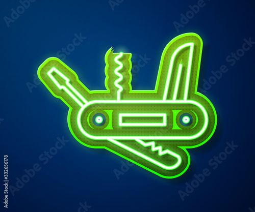 Glowing neon line Swiss army knife icon isolated on blue background. Multi-tool, multipurpose penknife. Multifunctional tool. Vector Illustration