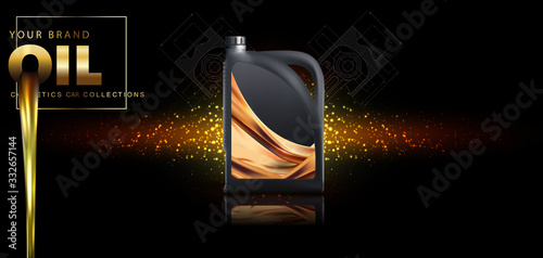 Can of engine oil in splash oil. Engine oil advertisement banner. Vector illustration with realistic motor oil canister on bright background.