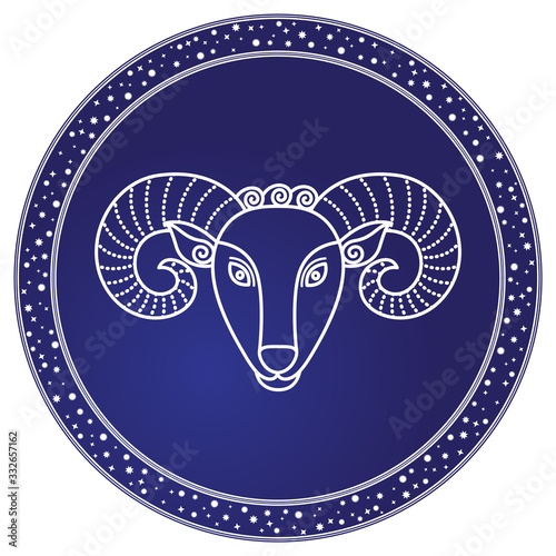 Aries zodiac sign of Ram and calligraphic inscription. Symbol used in horoscopes and astrology. March and april, spring months of ruling. Isolated icon in circle with lines. Vector in flat style
