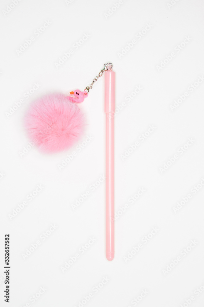 Pink pen with fur isolated on white background