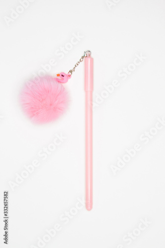 Pink pen with fur isolated on white background