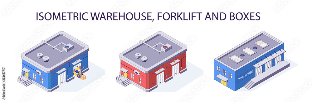 Isometric warehouse set of storage storehouse building. Delivery logistic and shipping vector illustration Isometric warehouse set of storage storehouse building. Delivery logistic and shipping vector illustration