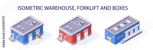 Isometric warehouse set of storage storehouse building. Delivery logistic and shipping vector illustration