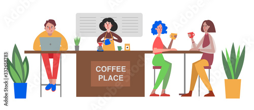 people sitting in cafe have coffee, work and conversation. Different customers in coffee shop