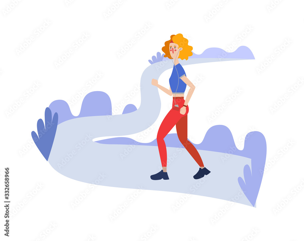 Horizontal flat illustration good for banner design with running woman. Jogging sport illustration in bright colors concept for run tracking app.