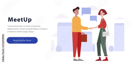 bussiness partners man woman handshaking couple hand shake during meeting agreement partnership concept meetup events flat portrait horizontal