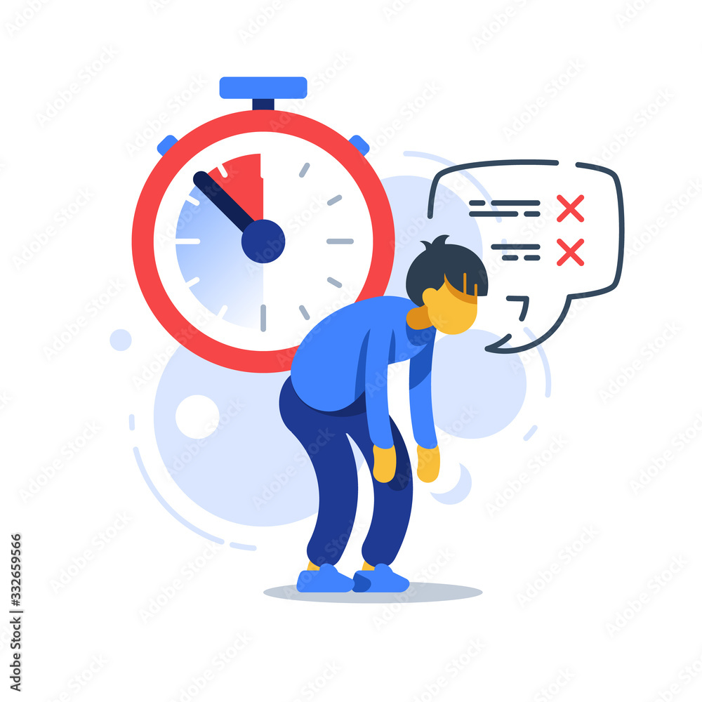 Time management, deadline clock, tired man, procrastination concept Time management, deadline clock, tired man, procrastination concept