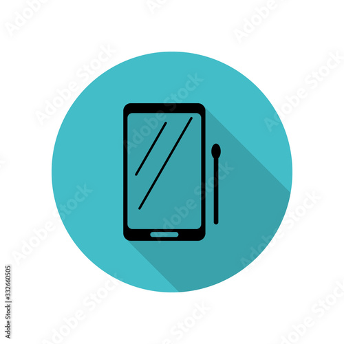 Tablet with stylus long shadow icon. Simple glyph, flat vector of web icons for ui and ux, website or mobile application