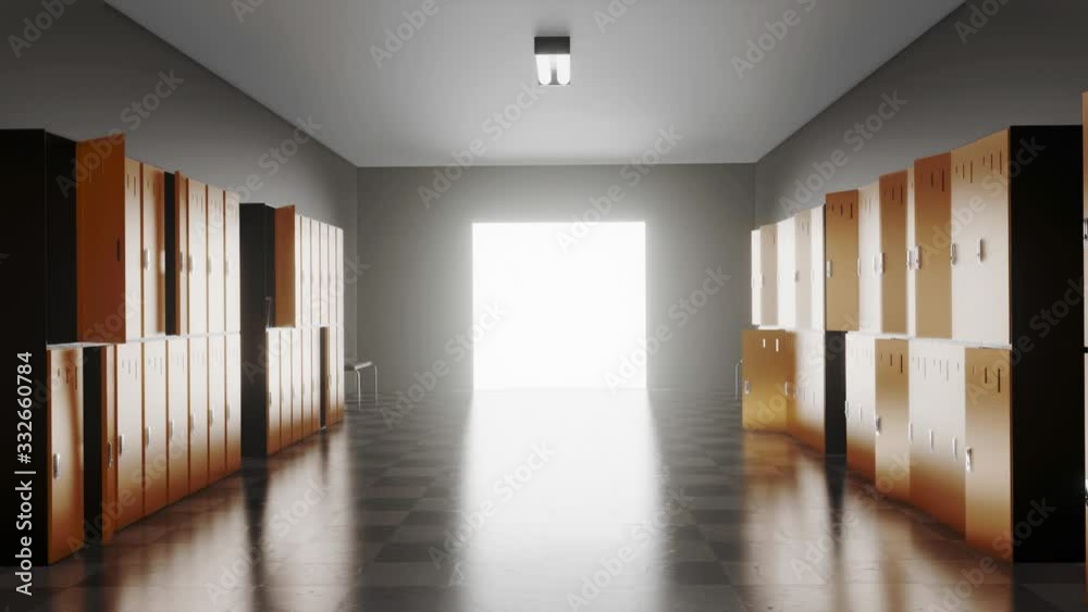 Slow movement camera through empty locker room with randomly opened orange lockers during virus pandemy. Coronavirus outbreak. Empty school. With bright strong light at the end of the corridor.