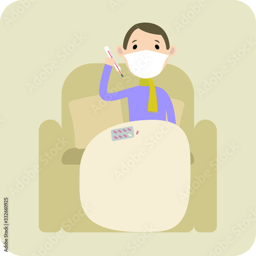 Coronavirus infection, sick man sitting on armchair with medical pills, thermometer, breathing mask, checking high fever, temperature, quarantine, medical treatment, hospital check up, flat vector 