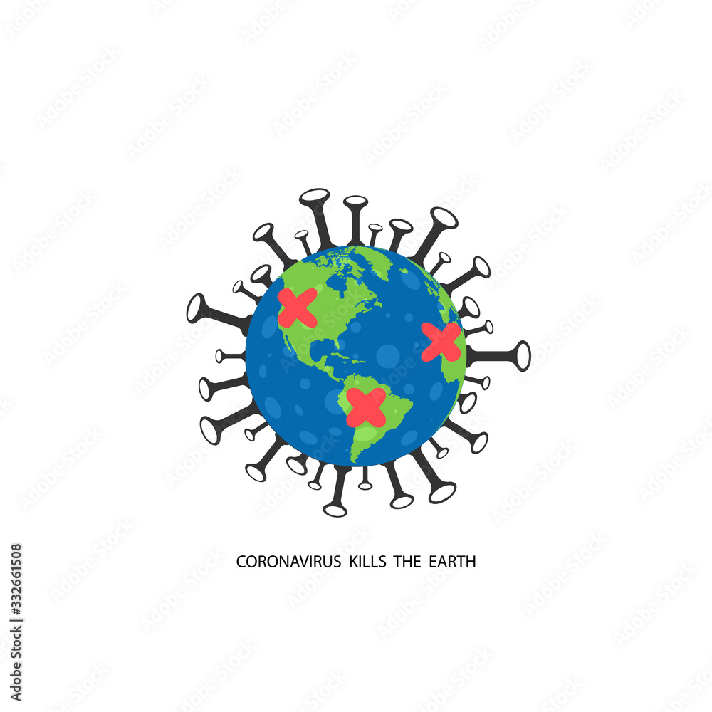 Coronavirus kills the earth. Coronavirus concept. Earth with bacteria and cross, isolated. Protection earth in flat design. Vector illustration