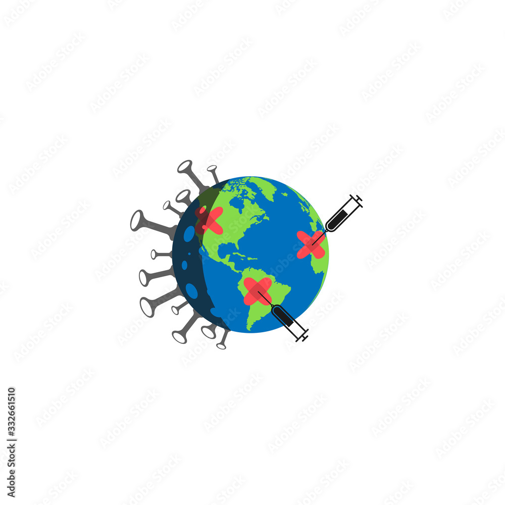 Coronavirus stop. Protection earth concept. Vaccine against the Virus. Earth globe with bacteria and syringes with vaccine in flat design. Vector illustration