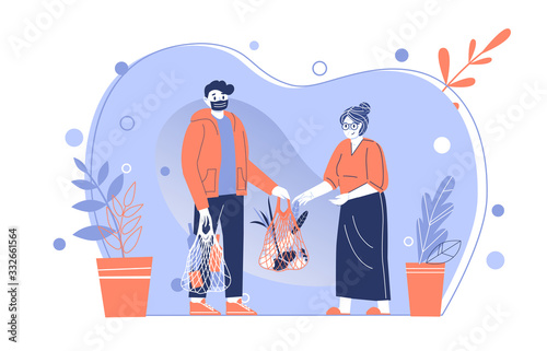 Young man help older woman and bring home food for her. Caring for elderly pensioners during quarantine. Coronavirus epidemic.