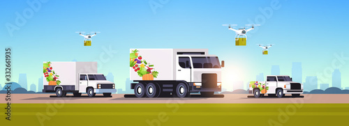 drones quadcopters and realistic vans with organic vegetables on highway natural vegan farm food delivery service cityscape background horizontal flat vector illustration