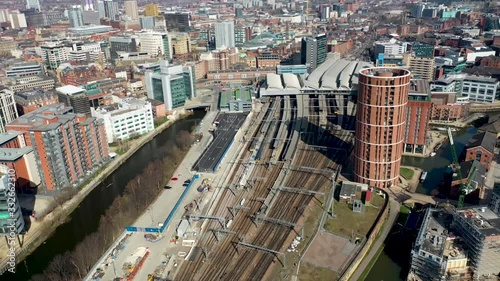 Aerial photo of the British town of Leeds in West Yorkshire UK, showing the Leeds City Centre taken with with a drone on a bright sunny day in the town of Holbeck near to the centre. photo