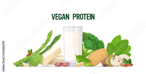 herbs vegetables plant based tofu milk organic dairy free natural raw food composition vegan protein concept horizontal vector illustration
