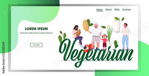 mix race people on vegetarian word holding nuts vegetables and plant based milk healthy lifestyle vegan fresh raw food vegetarian concept full length horizontal copy space vector illustration