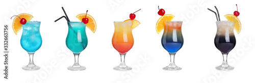 Set of tasty alcoholic cocktails isolated on white