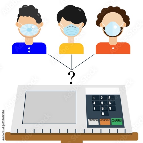 Electronic ballot box. Social concept of choosing a president or voting during a coronavirus epidemic. People in protective medical masks. Flat vector illustration.Web template on white backdrop.