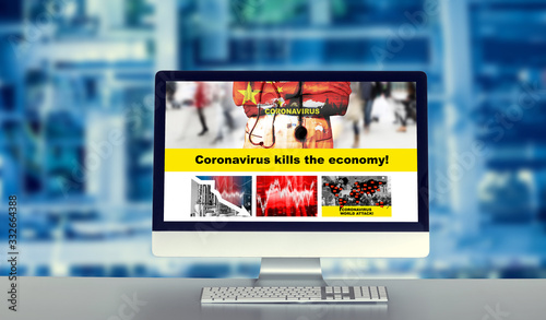 Coronavirus kills the economy. Computer in the office displays information about the crisis caused by the coronavirus pandemic. Digitally modified photo.