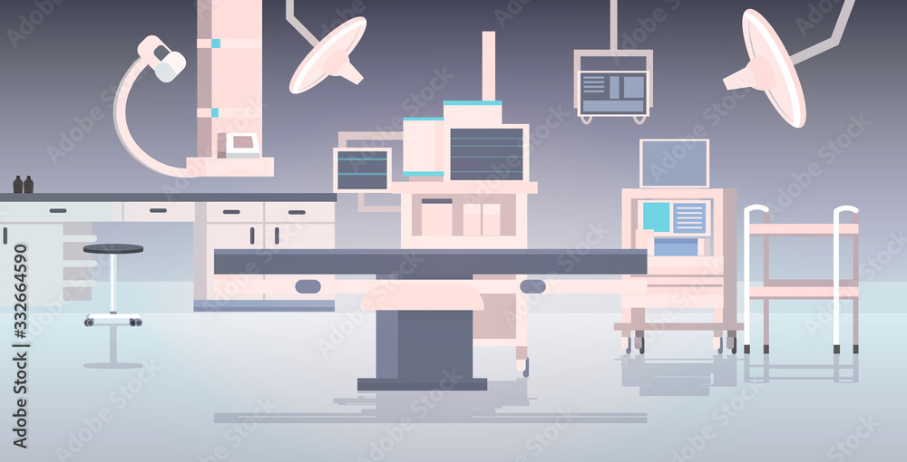 hospital operating table and medical devices modern clinic surgery room interior intensive therapy surgical procedures concept horizontal vector illustration hospital operating table and medical devices modern clinic surgery room interior intensive therapy surgical procedures concept horizontal vector illustration