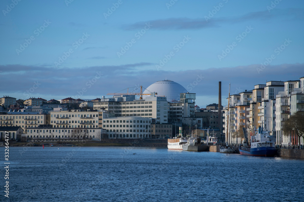 The Globe arena and the district Hammarby sjö in Stockholm an early spring day