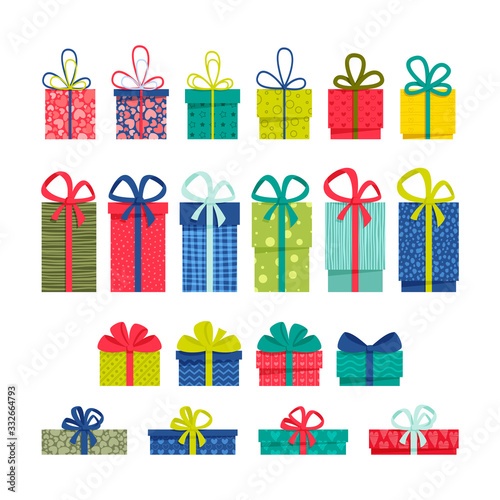 Set of a front and top view flat colorful gift boxes with ribbons and bows on a white background. Easy to use and a one-click recolor holiday vector design.