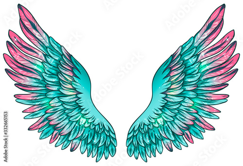 Beautiful magic glowing shiny turquoise vector wings