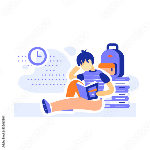 Male student sitting and reading books, education program, learning literature