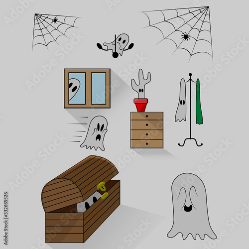 vector illustration ghosts in the amount of seven pieces hide and seek in a room with a chest of drawers, a hanger, a chest and a window with a spider web in the upper corners of the pattern with spid