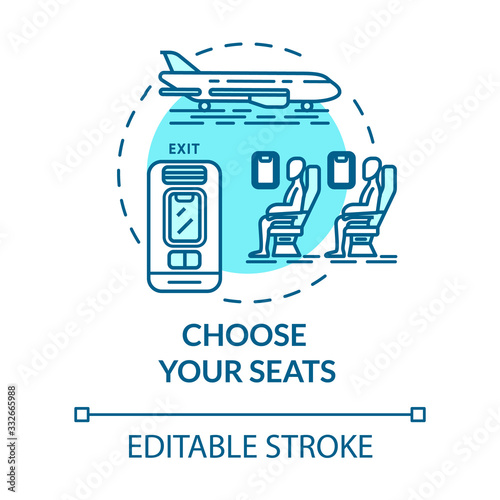 Choose your seats concept icon. Airplane tickets booking idea thin line illustration. Passenger transport chairs map. Traveling by plane. Vector isolated outline RGB color drawing. Editable stroke