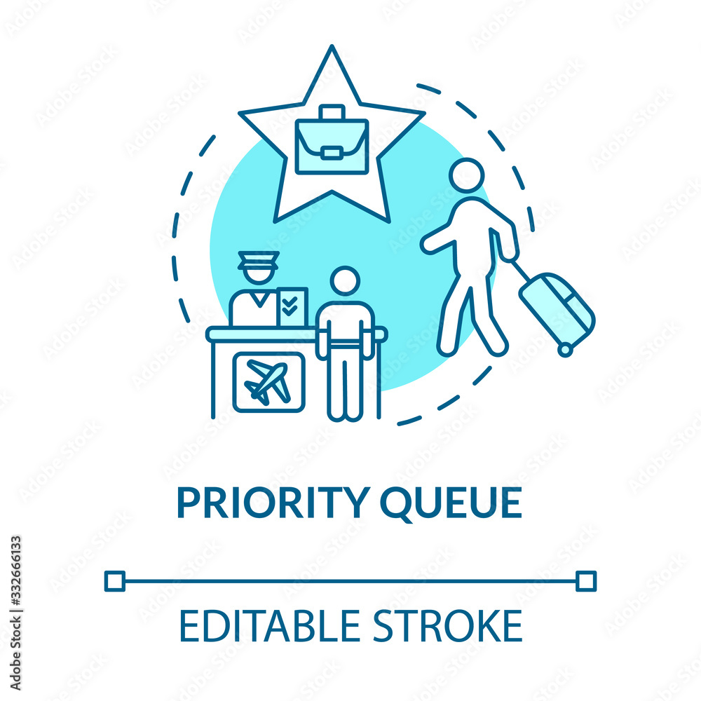 Priority queue concept icon. Luxury class flight benefit idea thin line illustration. Passport control, access for VIP passengers. Vector isolated outline RGB color drawing. Editable stroke