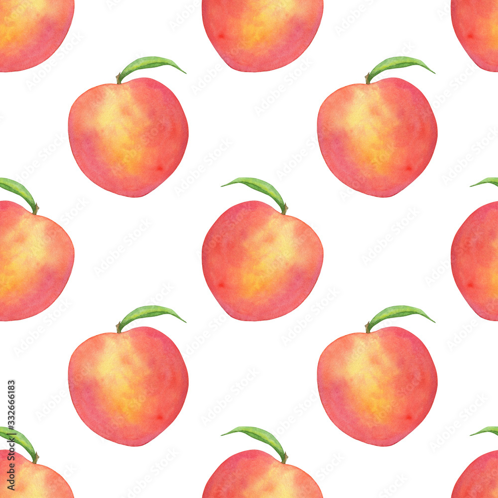 Watercolor hand drawn seamless pattern with peach fruit with leaf isolated on white background. Good for food packaging design, fabric, summer backdrop etc. Watercolor hand drawn seamless pattern with peach fruit with leaf isolated on white background. Good for food packaging design, fabric, summer backdrop etc.