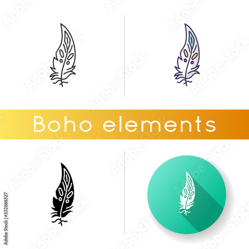 Boho feather icon. Native American Indian tribal motif, mystic symbol. Bohemian chic fashion and hippie style ethnic accessory. Linear black and RGB color styles. Isolated vector illustrations photo