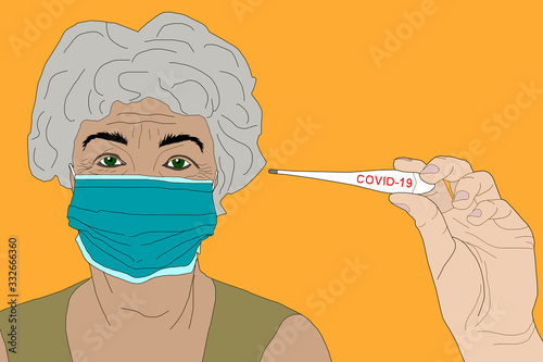 Sick Old Woman using Mask, Isolated on yellow photo