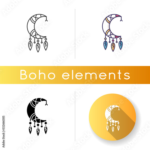 Crescent and feathers amulet in boho style icon. Native American Indian mystic symbol. Dreamcatcher with moon talisman. Ethnic charm. Linear black and RGB color styles. Isolated vector illustrations
