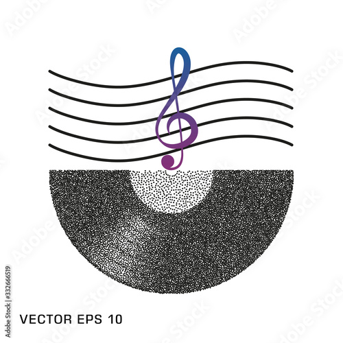 Vinyl music abstract plate, with musical clef, retro, template. The Effect Of Noise. Vector object on an isolated white background.