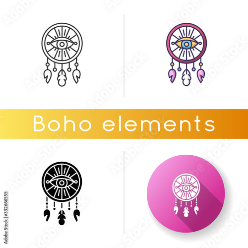 Boho style dreamcatcher with all seeing eye icon. Native American Indian mystic symbol. Dream catcher charm. Ethnic handmade decor. Linear black and RGB color styles. Isolated vector illustrations