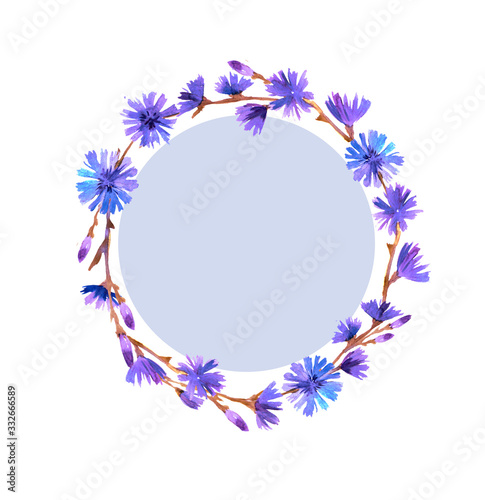 Watercolor frame with blue chicory flowers. Spring watercolor illustration, inscription or photo template
