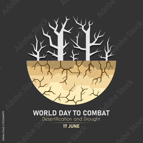 World Day Combat Desertification And Drought banner with dry trees and dry soil circle sign vector design