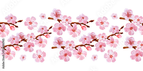 Watercolor seamless border drawing with branches and cherry blossoms