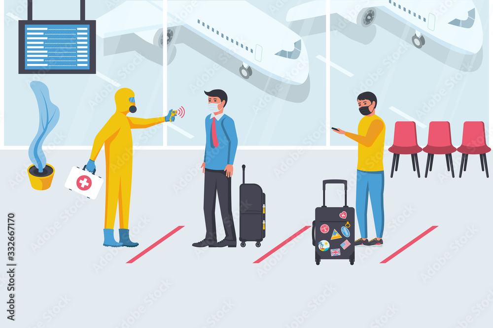 Medical worker in hazmat checks body temperature of passengers at airport terminal. Coronavirus prevention. Epidemic 2019-ncov. Vector flat design. Protective suit. Public safety. Mask face. Medical worker in hazmat checks body temperature of passengers at airport terminal. Coronavirus prevention. Epidemic 2019-ncov. Vector flat design. Protective suit. Public safety. Mask face.