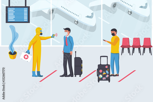 Medical worker in hazmat checks body temperature of passengers at airport terminal. Coronavirus prevention. Epidemic 2019-ncov. Vector flat design. Protective suit. Public safety. Mask face.
