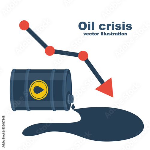 World oil crisis. Barrel of gasoline and spilled oil as a symbol of falling value. Price falling concept. Financial chart down. Declining prices. Vector illustration flat design. Landing web page.