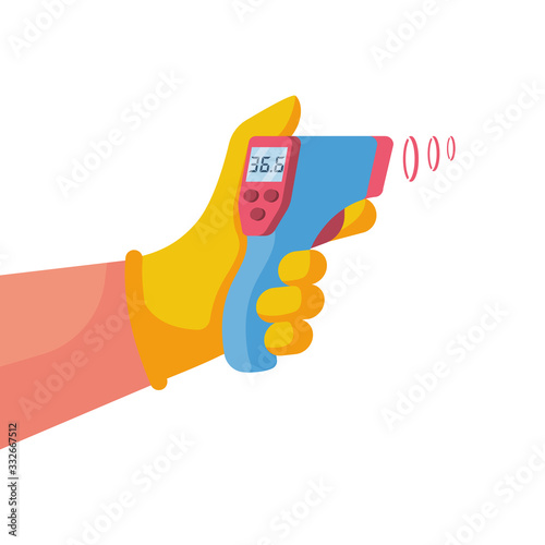 Digital non-contact infrared thermometer in hand doctor. Medical thermometer measuring body temperature. Vector flat design. Isolated white background. Prevention of coronavirus disease 2019-nCoV.