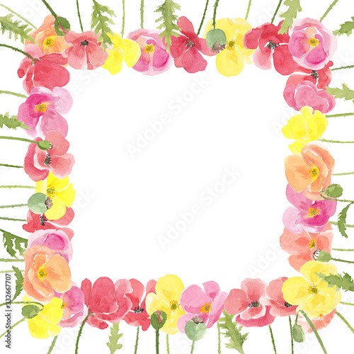 Watercolor hand drawn square floral summer composition with multi colored wild meadow poppies flowers. Frame with copy space isolated on white background