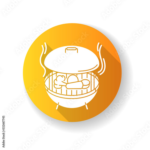 Grilling yellow flat design long shadow glyph icon. Barbecue preparation process, cooking food on heated grid. Culinary method, picnic. Roasted vegetables and meat silhouette RGB color illustration