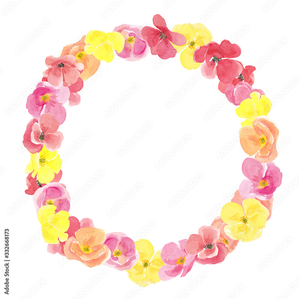 Watercolor hand drawn circle floral wreath with multi colored wild meadow poppies flowers. Frame with copy space isolated on white background