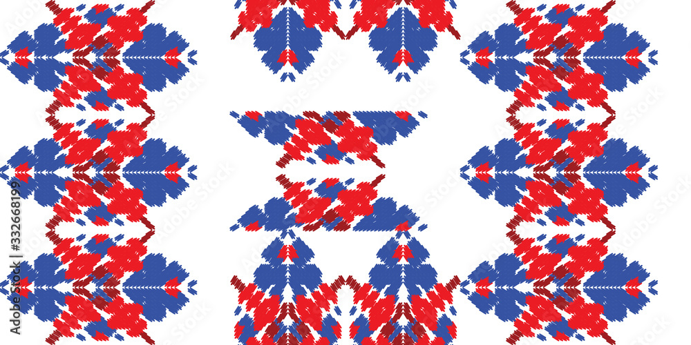 Fototapeta premium Red and blue embroidery ornament. Fashion texture for fabric textile.