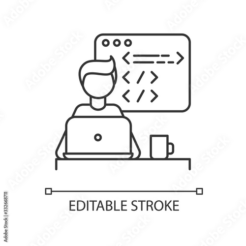 Web developer pixel perfect linear icon. Programming, coding and UI designing process. Thin line customizable illustration. Contour symbol. Vector isolated outline drawing. Editable stroke